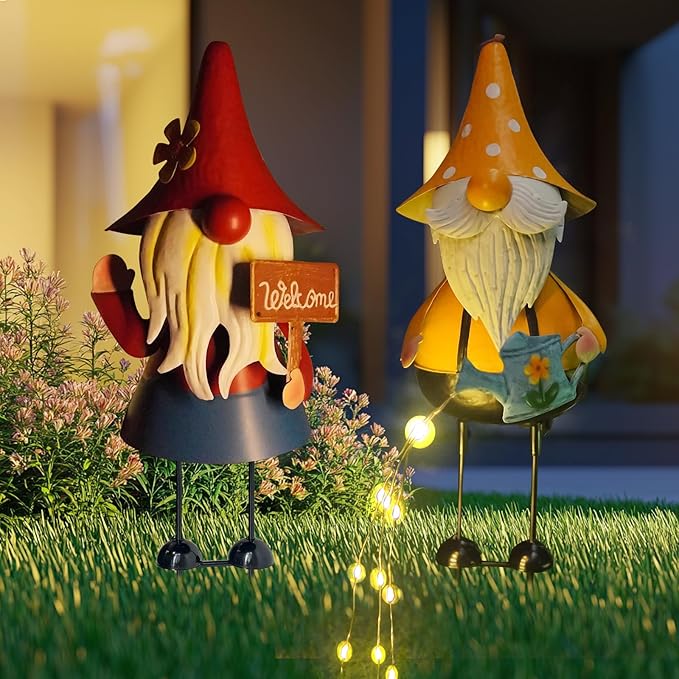 HONGLAND Metal Gnome Yard Art -18 Inch Garden Gnomes Statues Outdoor Decor with Watering Can Solar Lights -3D Outdoor Figurines for Patio Yard Lawn Porch Ornament Gardening Gifts-Ruum Studio Home
