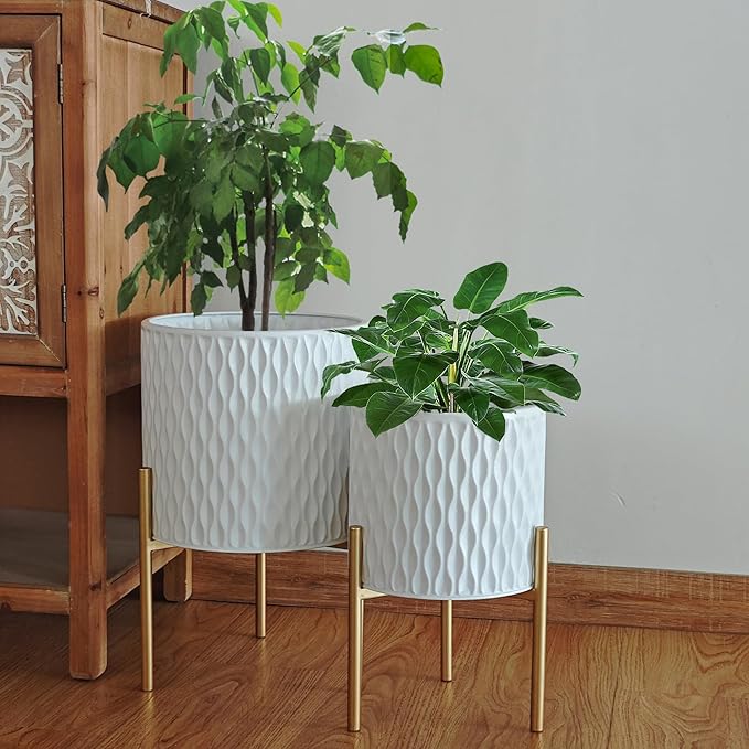 ARNIS Plants Pots with Stand, Set of 2 P lanters, Unique Mid Century Decorative Metal Flower Pots with Drainage, 8.25 & 10.5 Inch, White and Gold-Ruum Studio Home