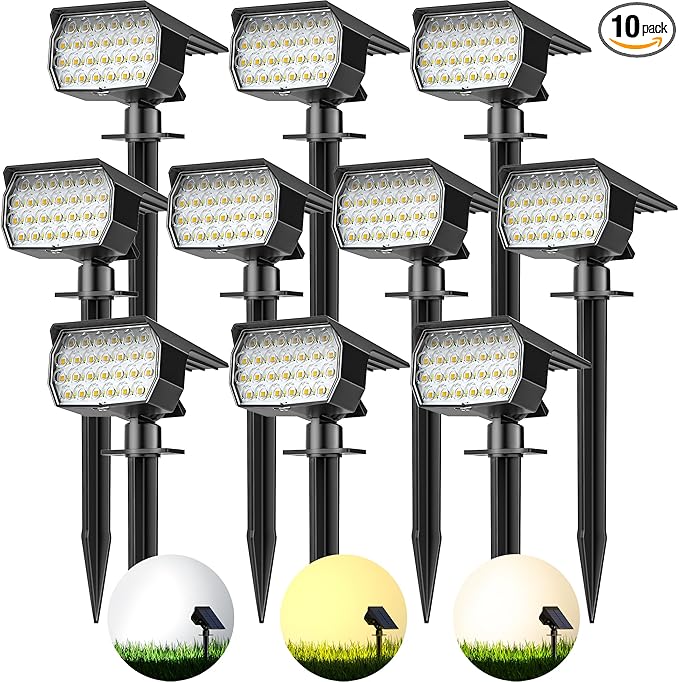 3 Colors Solar Lights Outdoor Waterproof IP65 Outdoor Spot Lights for Yard 52 LEDs 600LM Solar Powered Landscape Spotlights Solar Security Wall Lights for Garden Pathway Outside- 10 Pack-Ruum Studio Home