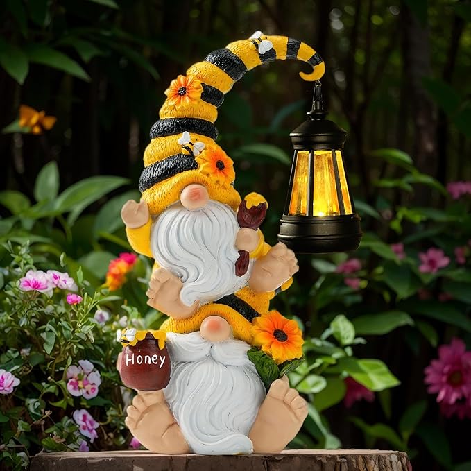 Solar Bee Garden Gnomes with LED Lantern – Waterproof Stacked Outdoor Decor for Yard, Patio – Unique Gnome Gift for Mom, Grandma, Women (Weatherproof Resin Outdoor Statues)-Ruum Studio Home