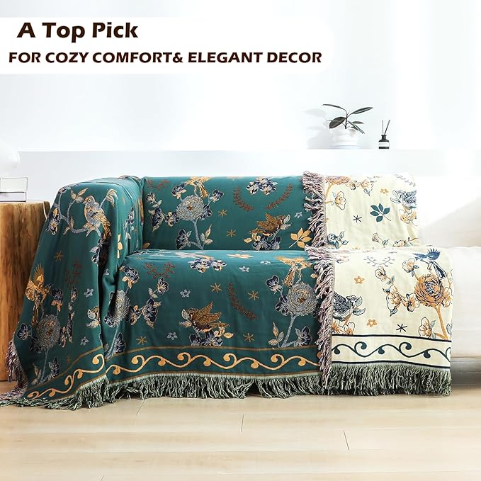 Boho 100% Organic Cotton Large Throw Blanket 50" x 60" - All Season Rustic Ultra Soft Breathable Floral Bird Blanket for Bed Sofa Couch Chair Bedspread Quilt Gift-Teal,Beige-Ruum Studio Home