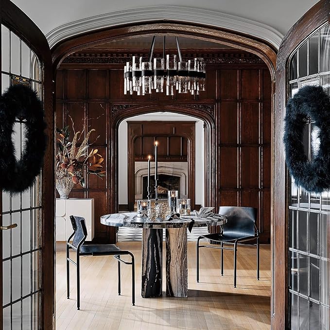 Round Black Glass Wagon Wheel Chandelier, Chandelier with Water Ripple Textured Recycled Clear Glass Piece, Modern Industrial Pendant Light with Metal Frame, Lighting Fixture for Living Room, Foyer-Ruum Studio Home
