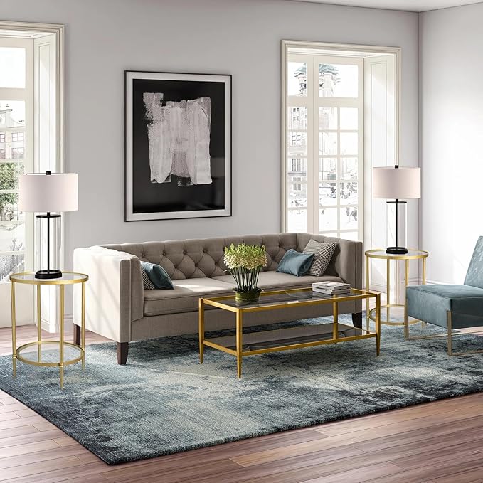 2 Tier Round Side Table, Gold End Table with Glass Top, Modern Metal Clear Coffee Tables, Small Accent Tables for Living Room, Bedroom, 18" x 18"-Ruum Studio Home