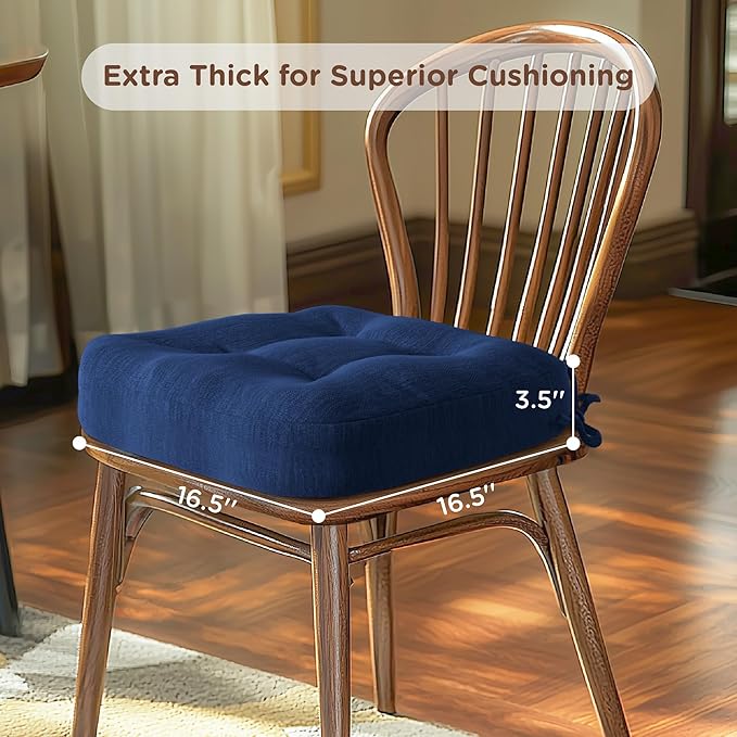 Codi 6 Pack Dining Chair Cushions, Thick Chairs Pads for Indoor Kitchen Room - Washable, Non-Slip Seat Cushion with Ties, 16.5"x16.5"x 3.5", Set of 6, Navy-Ruum Studio Home