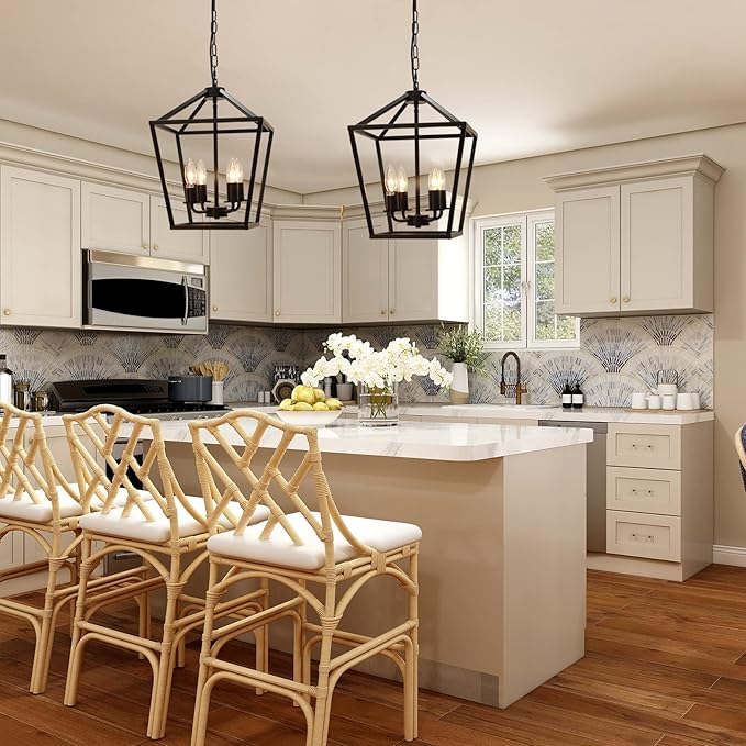 4-Light Lantern Pendant Light,Modern Industrial Black Cage Farmhouse Chandelier for Kitchen Island,12'' Rustic Metal Hanging Lighting Fixture for Dining Room Bedroom Foyer Entry Porch-Ruum Studio Home