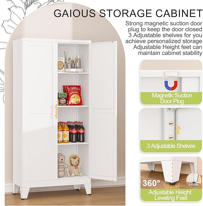 Metal Pantry Cabinet, Kitchen Pantry Storage Cabinets with 2 Door and 3 Adjustable Shelves, White Kitchen Pantry Cabinet, Freestanding Cupboard for Dining Room Living Room Bathroom-Ruum Studio Home