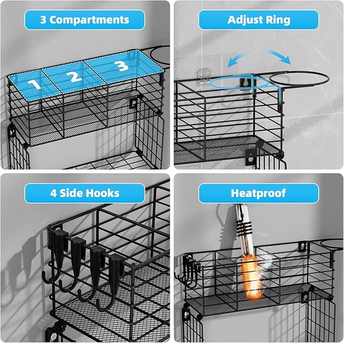 VITVITI Metal Hair Tool Organizer with Toilet Paper Basket, Bathroom Blow Dryer Curling Iron Holder Wall Mount, 2 Tiers Styling Tools Organizer for Straightener with Hooks, Black-Ruum Studio Home