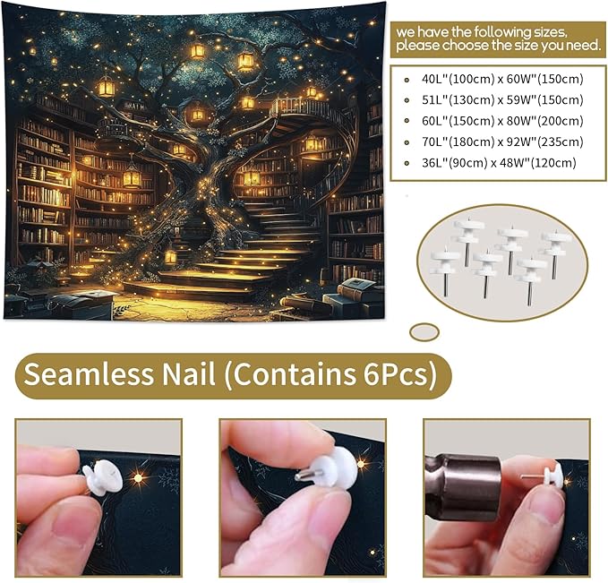 HVEST Fantasy Library Bookshelf Tapestry for Classroom Fairytale Tree Magic Bookshelf Wall Decor Retro Vintage Tapestry for Bedroom Living Room Study Room Dorm, 60L x 80W Inches-Ruum Studio Home