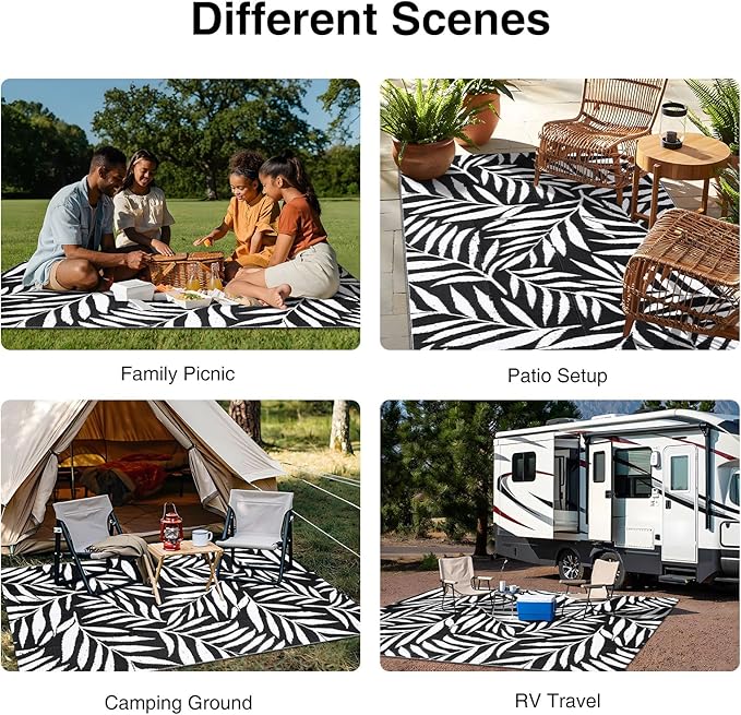 OLANLY Waterproof Outdoor Rug 5x8 ft, Reversible Outdoor Plastic Straw Rug with Leaf Pattern, RV Mat, Indoor Outdoor Carpet for Patio, Camping, Balcony, Deck, Backyard, Black & White-Ruum Studio Home