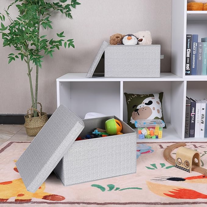 WUIKE 3 Pack Large Storage Bins with Lids, Fabric Closet Shelf Organizers, FoldableStorage Baskets with Cover for Bedroom, Herringbone Gray-Ruum Studio Home