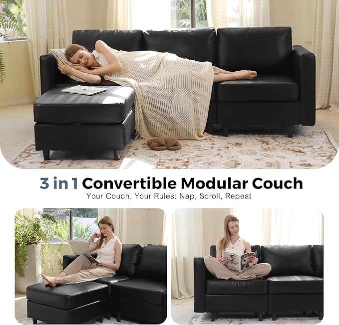 Faux Leather Single Sofa with Storage Ottoman, Modern Accent Chair Deep Seat Large Reading Armchair, Chaise Lounge Chair for Living Room Bedroom Office Black-Ruum Studio Home