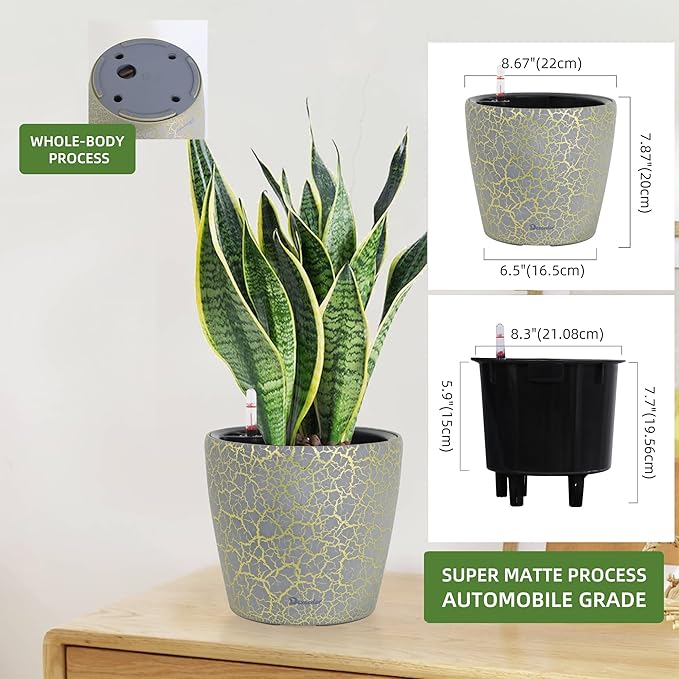Dexceder 9x8 Inches Self Watering Planter Indoor Outdoor, Inner Pot Design, Thickened Table Flower Plant Pot with Water Level Indicator (Grey Gold Crackle)-Ruum Studio Home
