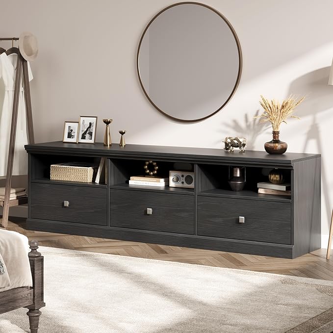 IDEALHOUSE 70in TV Stand for TVs up to 80", Mid Century Modern Entertainment Center with Storage Drawer and Open Shelves, TV Console Media Cabinet for Living Room, Bedroom, Black-Ruum Studio Home