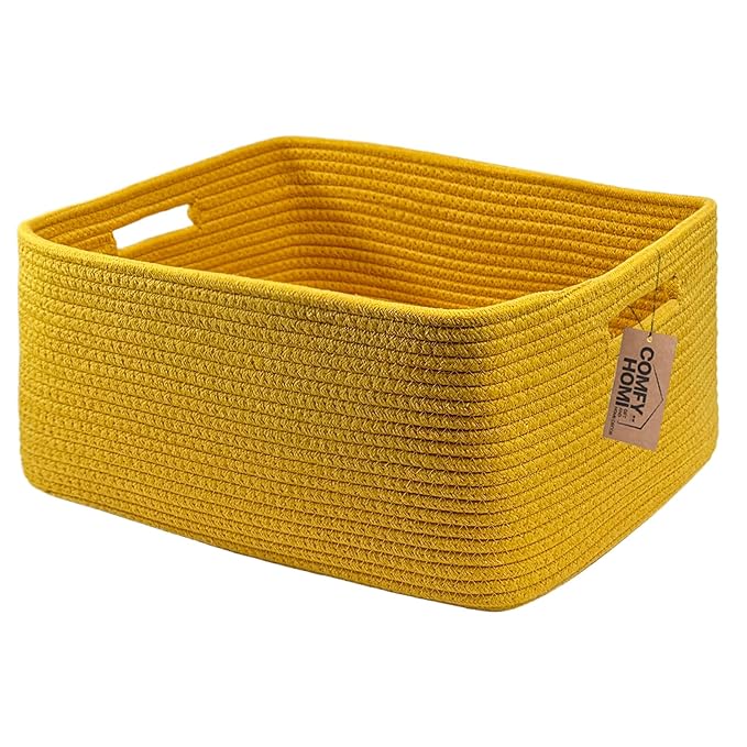 COMFY-HOMI Cotton Rope Woven Basket with Handles for Shelves,Toys,Book, Cloth Storage Baskets for Organizing-17" x 13" x 7.5" Toy Decorative Organizer for Living Room, Bathroom （Yellow）-Ruum Studio Home