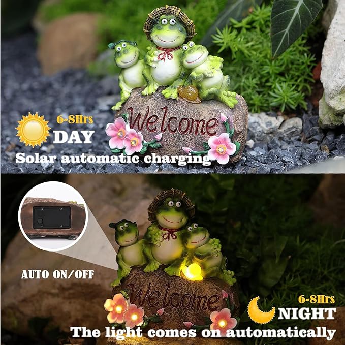 Funny Frog Statues For Garden - 7'' Mothe & Sons Solar Frog Garden Decor Frog Garden Statue For Yard Patio porch Lawn Birthday Christmas Thanksgiving Housewarming Frog Gifts For Women Mother.-Ruum Studio Home