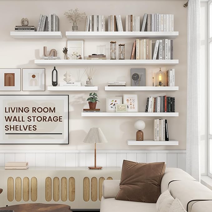 Floating Shelves for Wall, 2 Large Wall Mounted Shelves with Invisible Brackets, Long Wood Floating Wall Shelf Shelves for Living Room, Bedroom, Kitchen, (White, 36" W x 9" D x 1.5" H)-Ruum Studio Home