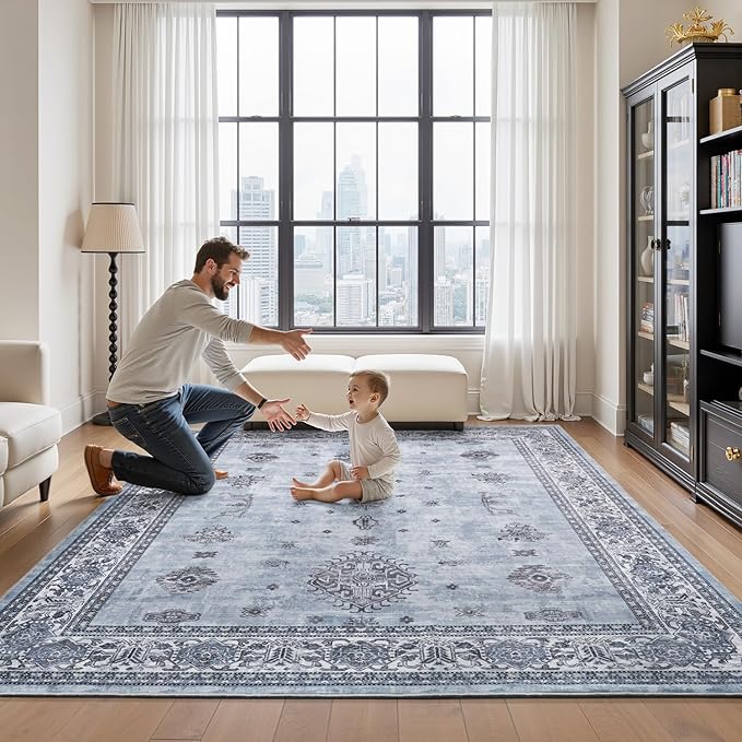 AMOAMI-Vintage Area Rug 8X10 Blue Rugs for Living Room-Soft Living Room Rug Non Slip Rugs for Bedroom Carpet Machine Washable Rug for Dining Room Bedside Office Room Decor-Ruum Studio Home