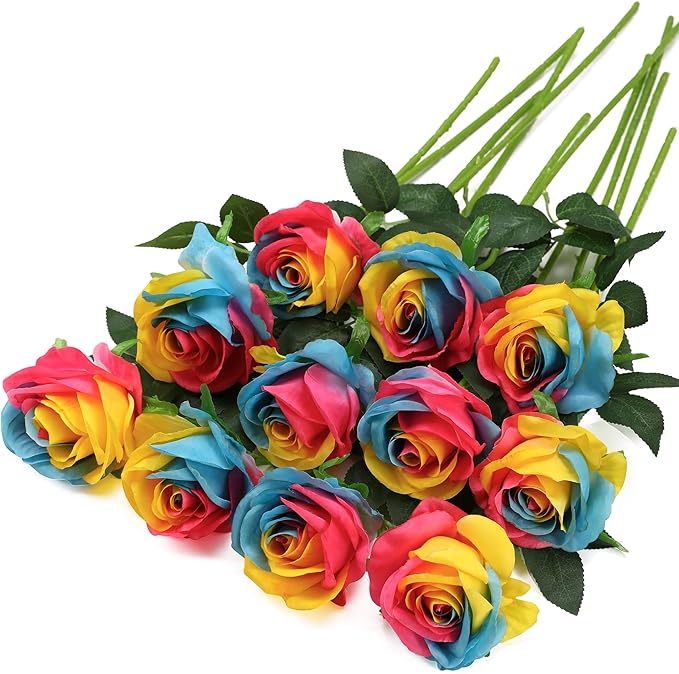 Rainbow Fake Roses Artificial Flowers - 10 Pcs Fake Artificial Roses Silk Flowers with Stems for Home Wedding Hotel Office Centerpiece Decor（Rainbow2）-Ruum Studio Home
