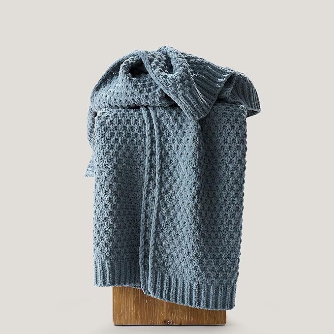 Chunky Chenille Knit Throw Blanket for Couch, Soft Luxurious Moss Stitch Blankets for Bed, Cozy Decorative Farmhouse Knitted Throws for Sofa, Stormy Blue, 50" x 60"-Ruum Studio Home