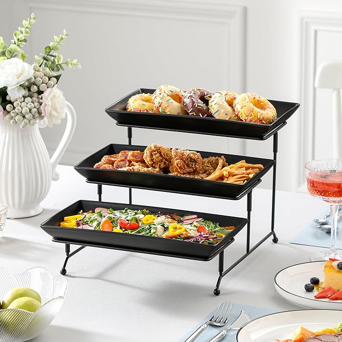 MALACASA 3 Tier Serving Trays for Party, Stoneware Serving Platters and Trays, 12 Inch Tiered Tray Stand, Fruit Tray, Trays for Serving Food, Black Dessert Stand with Collapsible Sturdier Metal Rack-Ruum Studio Home