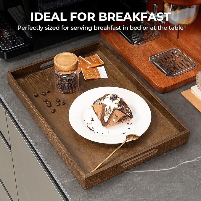 Axeman Wooden Serving Tray with Wood Handles|Ottoman Tray for Breakfast, Bed, Couch|17x12in Ash Wood Coffee Table Trays|Food Drinks Decorative Storage Boards for Ottoman Kitchen, Walnut-Ruum Studio Home
