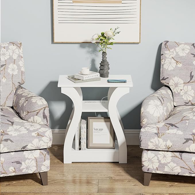 End Tables Living Room, White End Table with Charging Station,White Side Table, Nightstand for Bedroom, 3 Tier End Table with Storage Shelf for Living Room-Ruum Studio Home