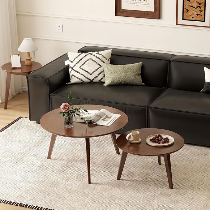 100% Solid Oak Wood Coffee Table Set, Round Coffee Table Combo Side Table w/Solid Wood Legs, Mid Century Table Sturdy Tables for Bedroom Balcony Living Room (Walnut, 3 Pieces)-Ruum Studio Home