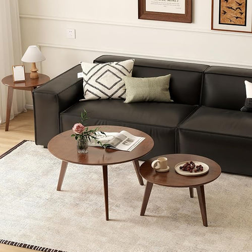 100% Solid Oak Wood Coffee Table Set, Round Coffee Table Combo Side Table w/Solid Wood Legs, Mid Century Table Sturdy Tables for Bedroom Balcony Living Room (Walnut, 3 Pieces)-Ruum Studio Home