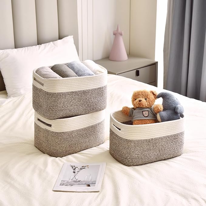 Storage Basket,Woven Baskets for Storage,Cotton Rope Baskets for Organizing,book Basket,towel,Toy Basket or Storage Bins for Living Room - 3 Pack,Brown-Ruum Studio Home