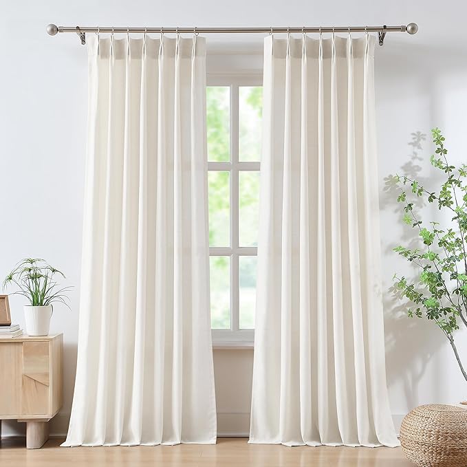 FMFUNCTEX Pinch Pleated Curtain 96 Inches Long for Living Room, Ivory Semi Sheer Faux Linen Textured Pleat Drapes for Bedroom with Hooks, Light Filtering Farmhouse Window Drapes 2 Panels-Ruum Studio Home
