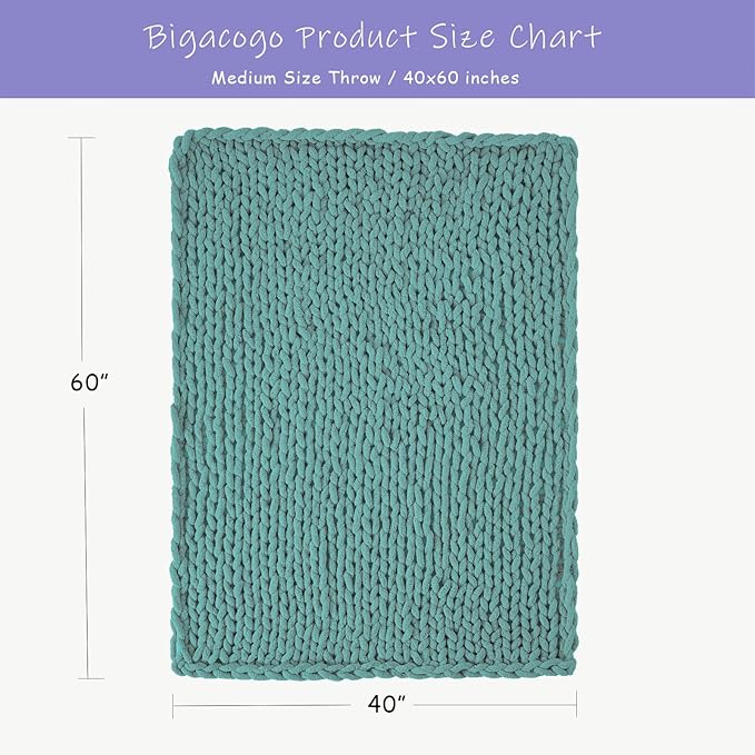 Bigacogo Chunky Knit Throw Blanket for Couch, 40x60 inches, 100% Hand Knitted with Thick Jumbo Chenille Yarn, Cozy Soft Large Rope Knot Cable Crochet Blankets for Sofa Bed Living Room, Light Teal-Ruum Studio Home