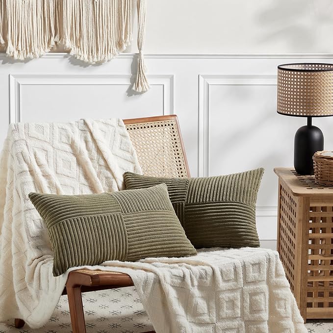 Fancy Homi 2 Packs Olive Green Long Lumbar Decorative Throw Pillow Covers 12x24 Inch for Couch Bed Sofa, Rustic Farmhouse Boho Home Decor, Soft Striped Corduroy Rectangle Accent Cushion Case 30x60 cm-Ruum Studio Home