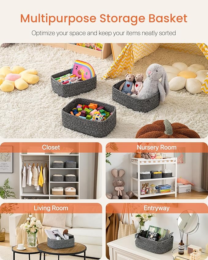 KALLAX Small Woven Basket, 12 x 8 x 4.5 Inches, Storage Basket for Organizing, Cute Small Rope Shelf Closet Cube Storage Bins Baskets for Shelves, Dog Toy Gift Baskets Empty, 3 Pack Mixed Black-Ruum Studio Home