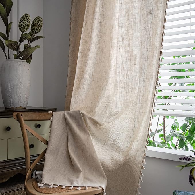 Sutuo Home Boho Curtain 72 Inches Long for Bedroom, Natural Linen Look Textured Burlap Rod Pocket Chic Semi Blackout Bohemian Handmade Tassels Window Treatment for Living Room, 1 Panel 59" W x 72" L-Ruum Studio Home