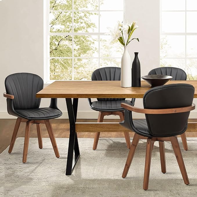 LUNLING Swivel Dining Chairs Set of 4, Mid Century Modern Black Faux Leather Kitchen Chairs with Arms,Bamboo Legs Side Chairs No Wheels,Accent Chair for Dining Rooms and Offices-Ruum Studio Home