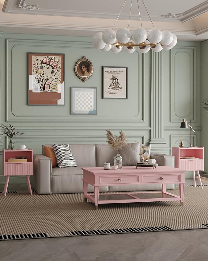 Nightstand,Modern Bedside Table with Storage Drawer and Open Wood Shelf, Accent Night Stand with Solid Wood Legs for Living Room, Bedroom and Small Spaces,Easy Assembly (Pink)-Ruum Studio Home