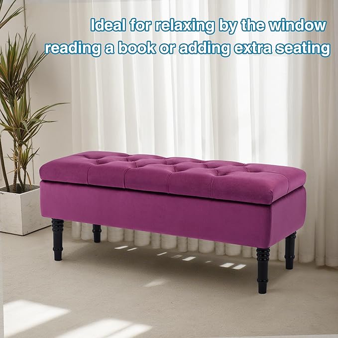 Ottoman with Storage Velvet Storage Bench Holds Up to 500 lbs Ottomans Upholstered Bench with Seating for Bedroom, Living Room, Purple-Ruum Studio Home