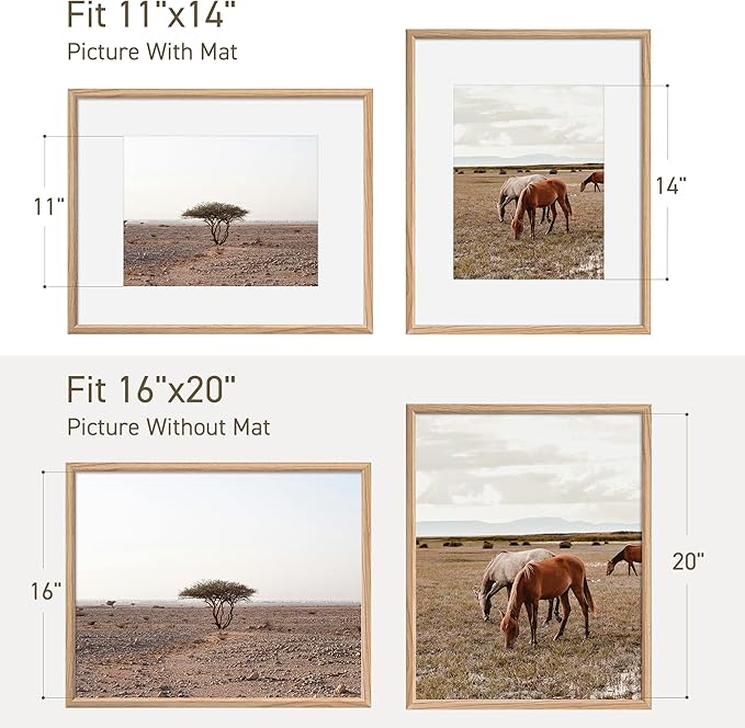 16x20 Picture Frame Set of 4 Natural Solid Oak Photo Frames with 11x14 Removable Mat Wall Hanging Large Handcrafted Frame with HD Plexiglass Wall and Tabletop Display Large Poster Frame-Ruum Studio Home