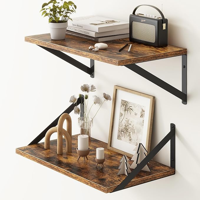 18"W x10"D Floating Shelves, Farmhouse Wall Shelves Home Decor Shelf, Deep Bathroom Shelves with Bracket, 10 Inch Deep Wall Shelf for Living Room, Kitchen, Bedroom, Rustic Brown, Set of 2-Ruum Studio Home
