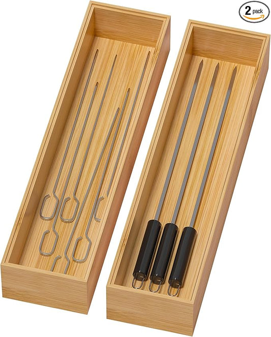 Bamboo Drawer Organizer, Narrow Stackable Cutlery Tray for Kitchen, 2 Pcs Silverware & Utensil Box, 12" x 3" x 2" (Outer), 11.3" x 2.3" x 1.77" (Inner)-Ruum Studio Home