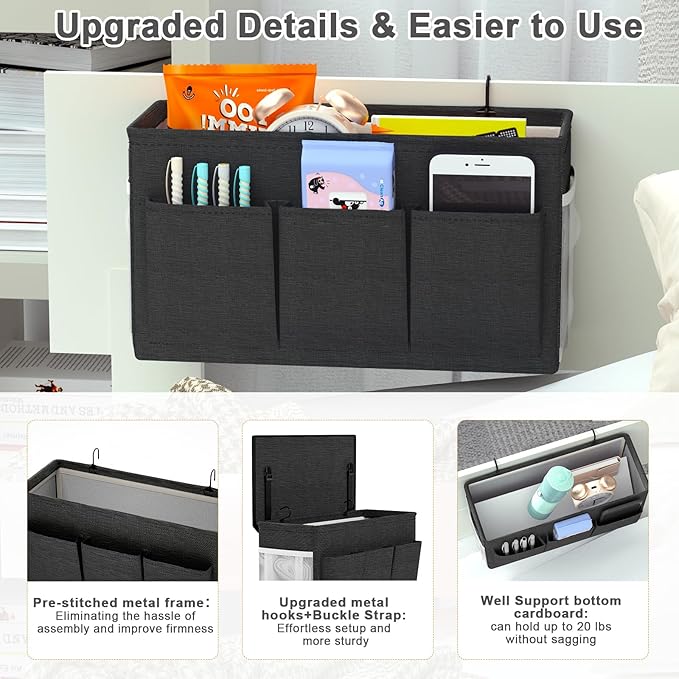 Dual-purpose Bedside Caddy Bedside Organizer, Bed Caddy with 6 Pockets, Versatile Bedside Storage Solution Magazine Remotes holder, ideal for Home, Dorm, Hospital, Crib Bed (Black 2 pcs)-Ruum Studio Home