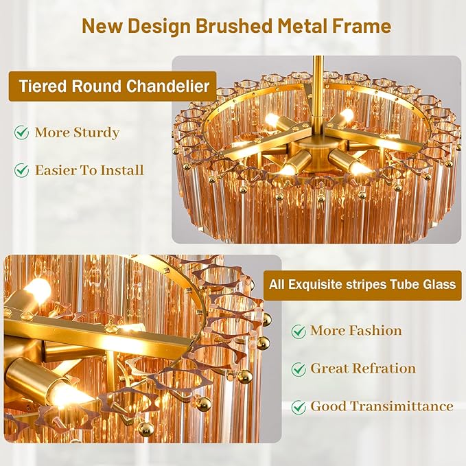 Modern Amber Glass Chandelier, 14" Round Crystal Dining Room Pendant Light Chandelier, Luxury Brass Hanging Fixture for Bedroom, Gold Kitchen Island Light, Dimmable Small Ceiling Lighting Chandeliers-Ruum Studio Home