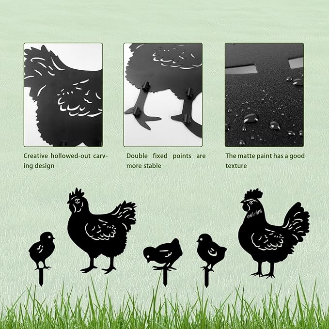 5 Pack Chicken Metal Garden Decorative Stakes, Weather Proof Silhouette Statues for Yard, Patio,Outdoor Decor for Chicken Lovers and Pet Owners-Ruum Studio Home
