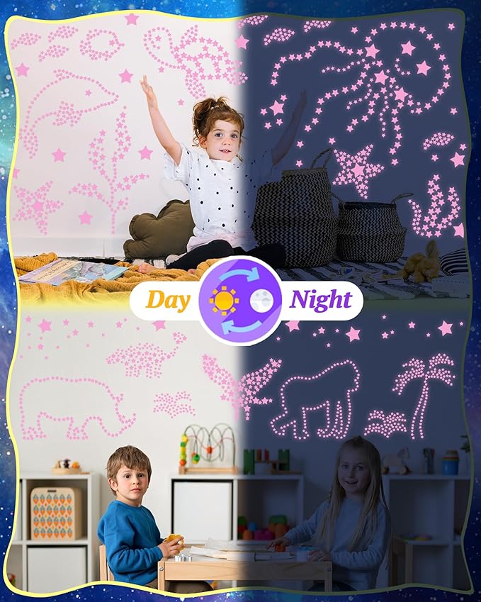 201 Pcs Glow in The Dark Stars Stickers for Ceiling, Pink Toddler Wall Room Decor Gifts, Luminous 3D Glowing Stars Stocking Stuffers for Kids Boys Girls-Ruum Studio Home