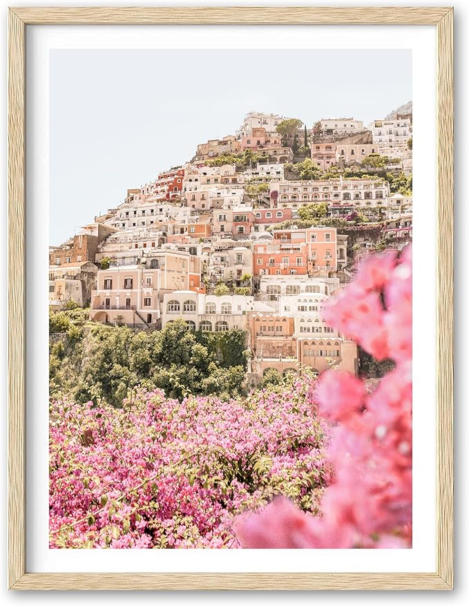 HesenDot Natural OAK Wood Amalfi Coast Framed Wall Art,12x16in Italy Beach Canvas Wall Print, Pink Flowers House Boho Wall Decor for Living Room,Bedroom,Office Gallery Gifts Set of 1-Ruum Studio Home