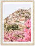 HesenDot Natural OAK Wood Amalfi Coast Framed Wall Art,12x16in Italy Beach Canvas Wall Print, Pink Flowers House Boho Wall Decor for Living Room,Bedroom,Office Gallery Gifts Set of 1-Ruum Studio Home