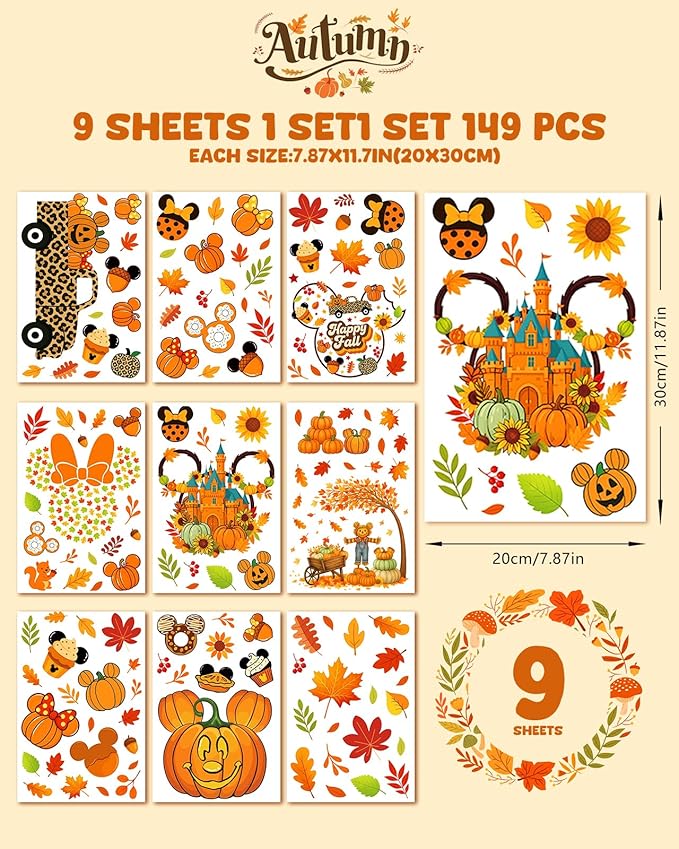 Fall Window Clings - 9 Sheets 149 Pcs Fall Decorations for Autumn Thanksgiving Harvest Home Party, Pumpkin Leaves Car Maple Castle Acorns Stickers for Glass, Double-Sided Static Window Decals-Ruum Studio Home
