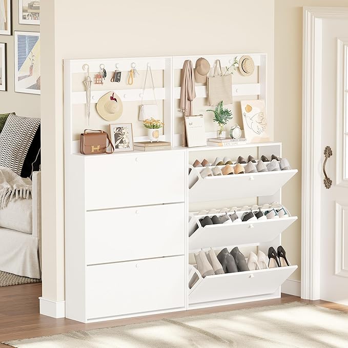 Shoe Cabinet Set of 2 with 3 Flip Drawers, Narrow Shoe Cabinet with 9 Hooks Coat Rack, Freestanding Shoes Storage Cabinets with Adjustable Shelves for Entryway, Hallway, Living Room, White-Ruum Studio Home
