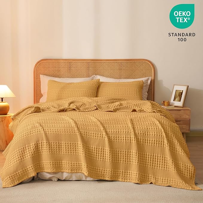 PHF 100% Cotton Waffle Weave Blanket Queen Size for Bed, Lightweight Washed Cotton Blanket - 90"x90" Aesthetic Soft Woven and Breathable Blanket for Sofa Home Decor - Ginger Yellow-Ruum Studio Home