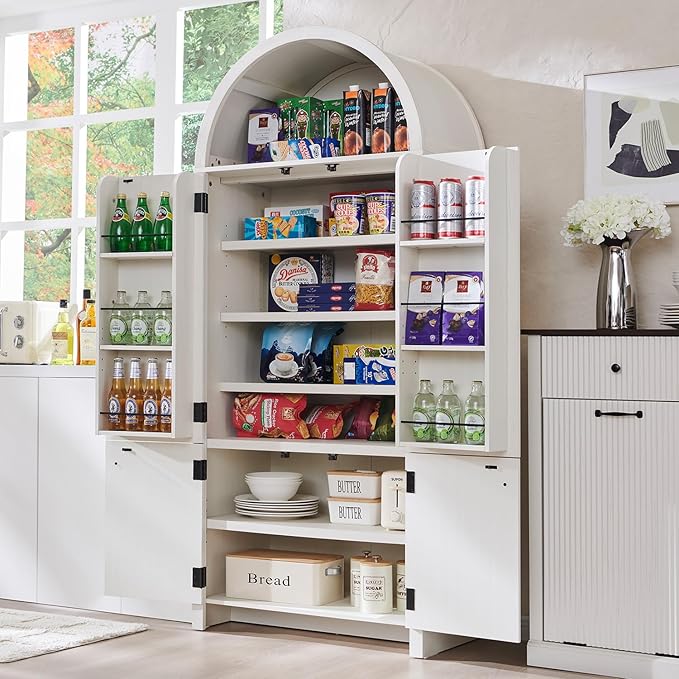71" Tall Arched Bathroom Storage Cabinet, Modern Fluted Storage Cabinet w/Doors, 3 Adjustable Shelves, 6 Door Shelves, Wood Freestanding Cabinet for Bathroom, Entryway, Hallway, Antique White-Ruum Studio Home